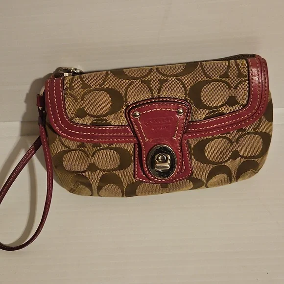 Coach Signature Pink Leather and Jacquard Wristlet - Picture 2 of 8